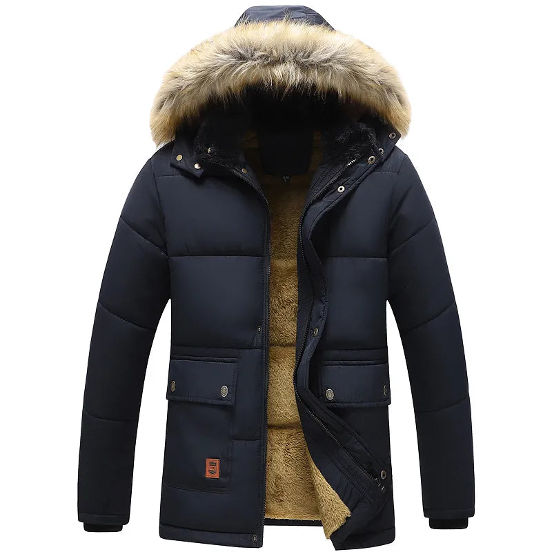 Windproof Fleece Thick Jacket Coat Men Fashion Hooded Fur Collar