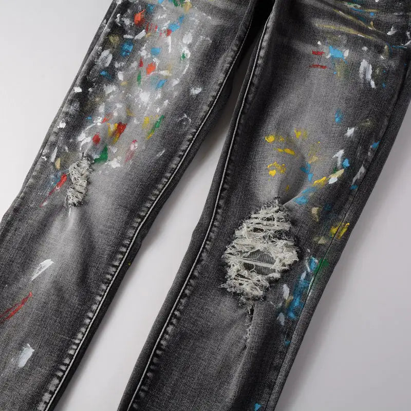 Men Speckle Ink Printed Vintage Pleated Ripped Jeans